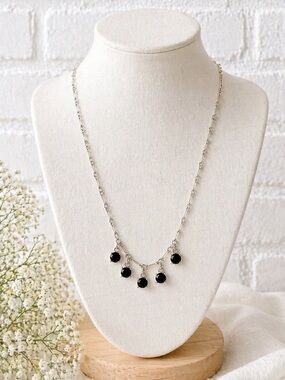Silver Dainty Necklace Black Charm Drop Minimalist Y2K
